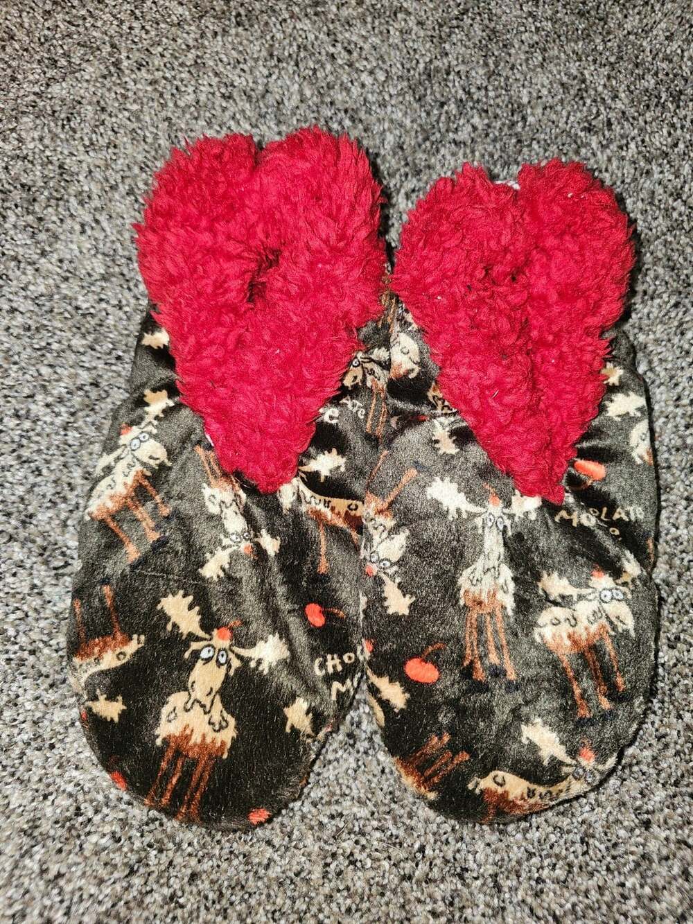 Lazy One Chocolate Moose Slippers Fuzzy Red Sherpa Slip On 10"